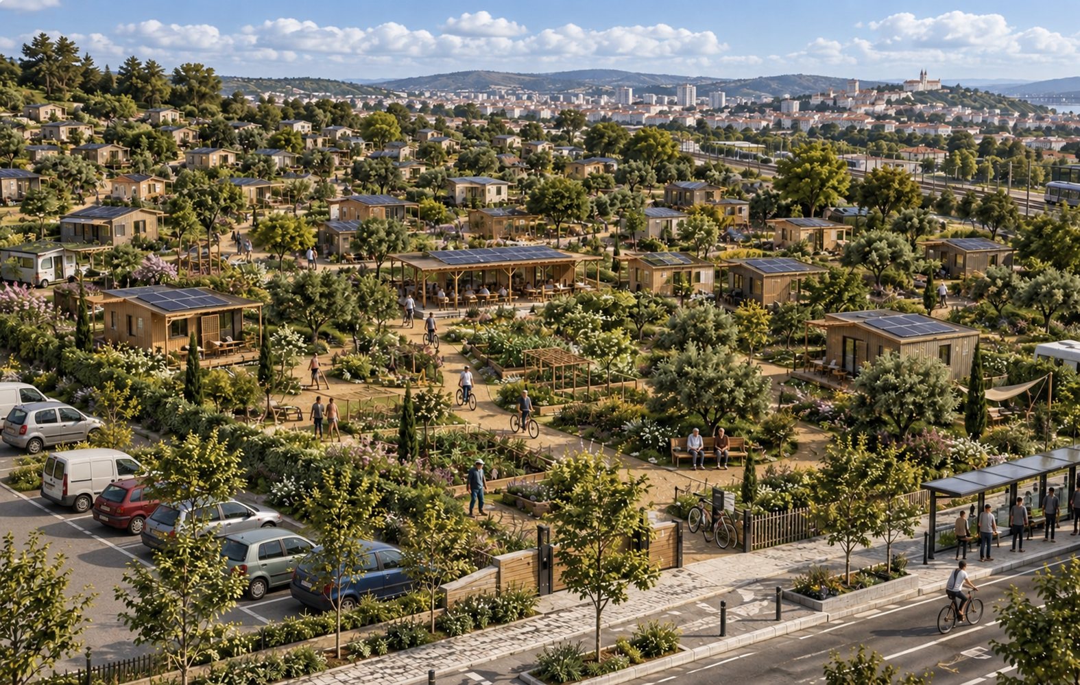 Uma aldeia biotópica à entrada de uma cidade: casas de madeira com painéis solares entre árvores, hortas, estacionamento na periferia, paragem de autocarro e linha de comboio ao lado, a cidade ao fundo