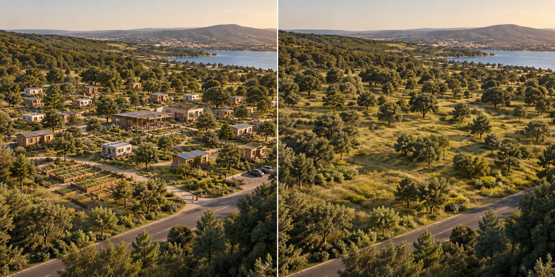 Durante e depois: o mesmo terreno com a aldeia e anos mais tarde, só o prado e as árvores. A aldeia sai sem deixar marca no território.